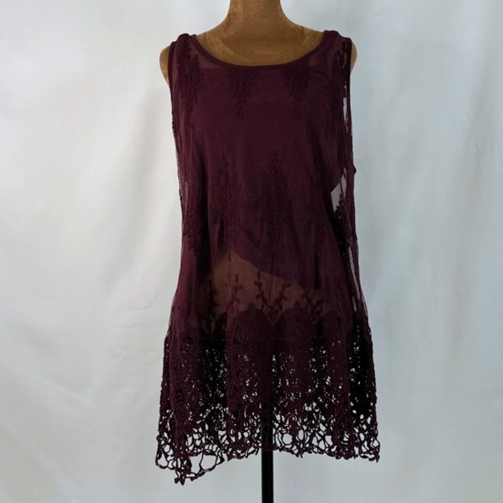 INC International Concepts Tunic Womens‎ L Purple Good Sheer Lace Mesh Boho